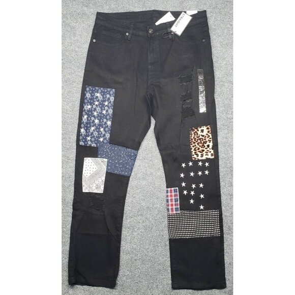 Rue21 Jeans Mens 36X32 Black Denim Supreme Flex Straight Distressed Patches New - Picture 1 of 12